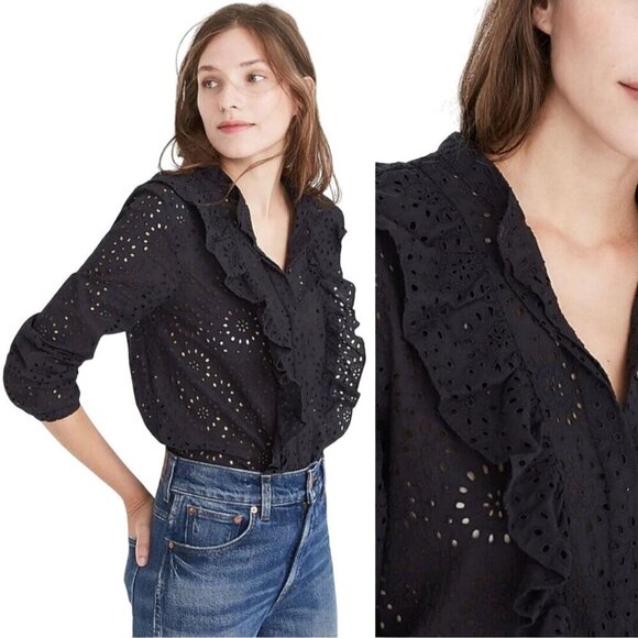 Madewell Ruffled Front Eyelet Lace Black Button Front Blouse Size S - Picture 1 of 9